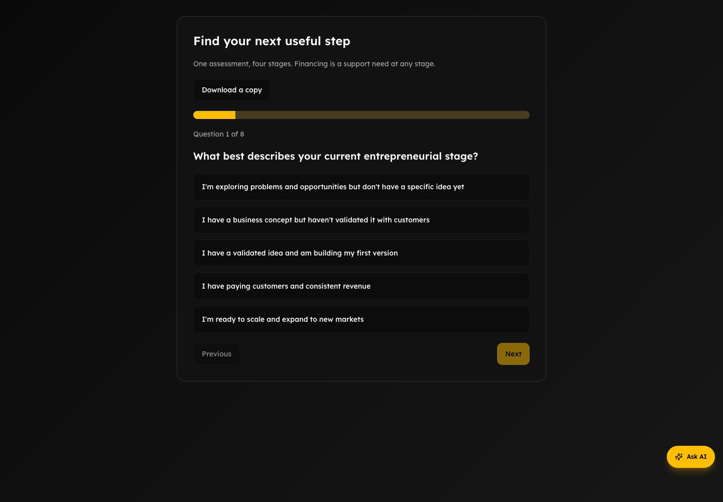 The public founder assessment showing its first question and progress indicator.