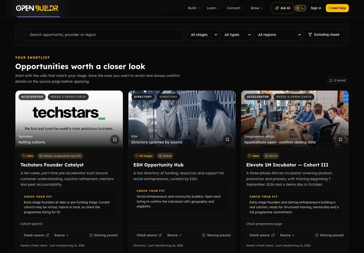 The OpenBuilder opportunity directory, showing listings and controls for narrowing the search.