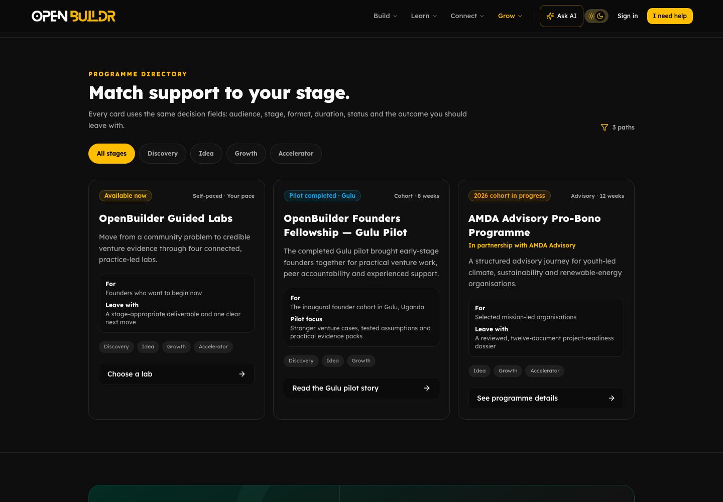 The OpenBuilder programmes page, where founders compare programme paths and availability.